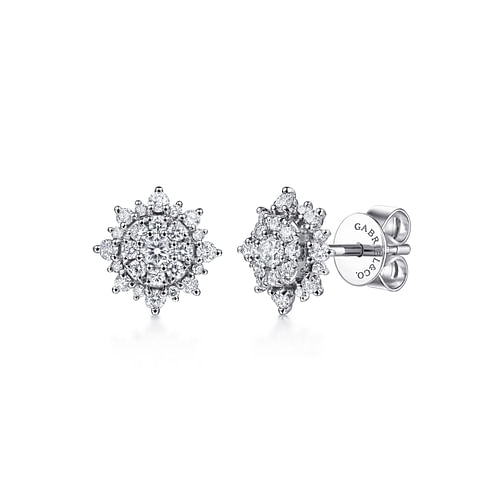 14K White Gold Diamond Sunburst Stud Earrings