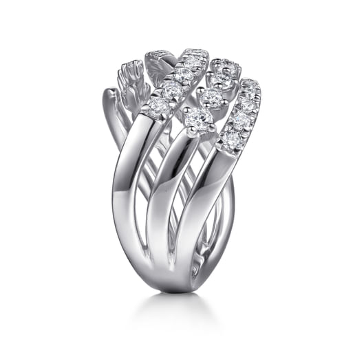 14K White Gold Diamond Swirl Bypass Ring