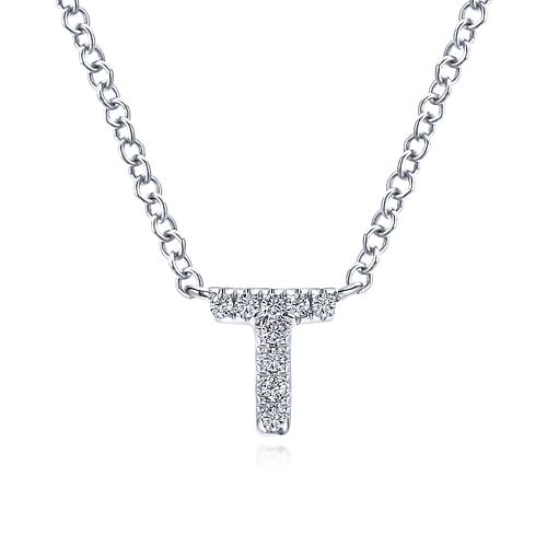 14K White Gold Diamond T Initial Pendant Necklace