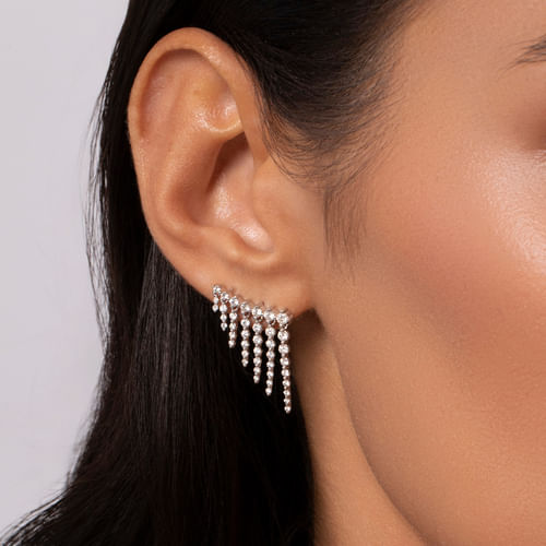 14K White Gold Diamond Tassel Ear Climber Earrings