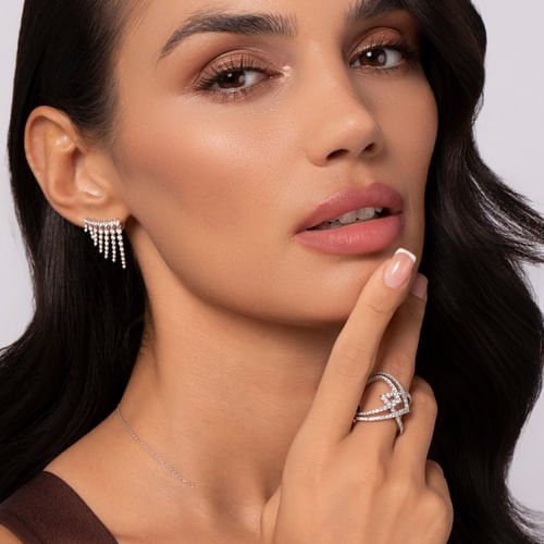 14K White Gold Diamond Tassel Ear Climber Earrings