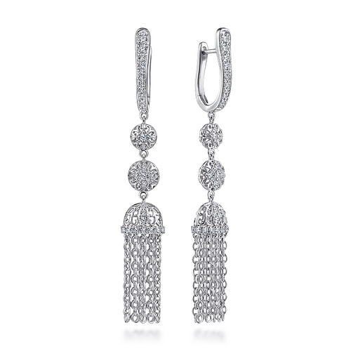 14K White Gold Diamond Tassel Statement Huggies