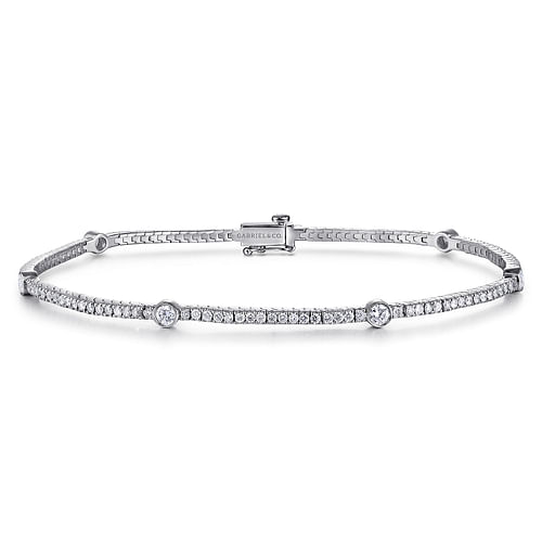 14K White Gold Diamond Tennis Bracelet with Bezel Set Diamond Stations