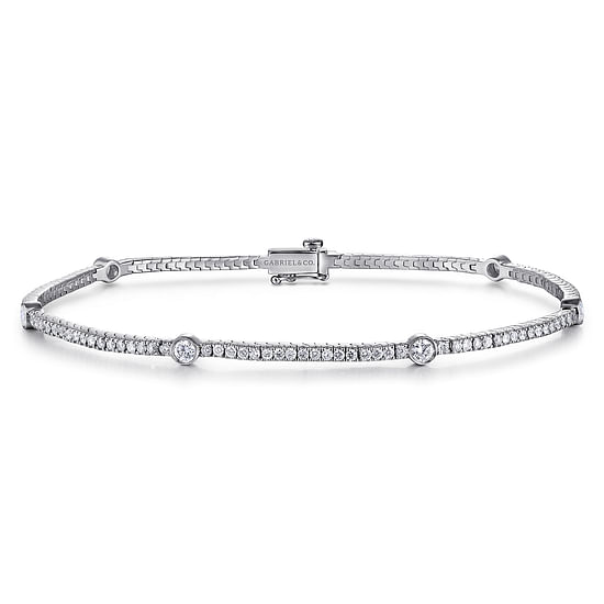 Gabriel - 14K White Gold Diamond Tennis Bracelet with Bezel Set Diamond Stations