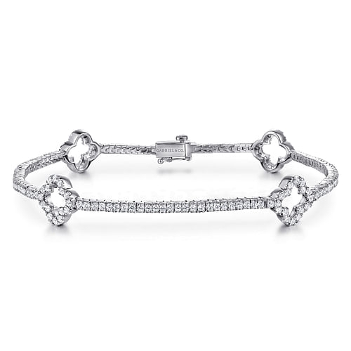 14K White Gold Diamond Tennis Bracelet with Clover Stations