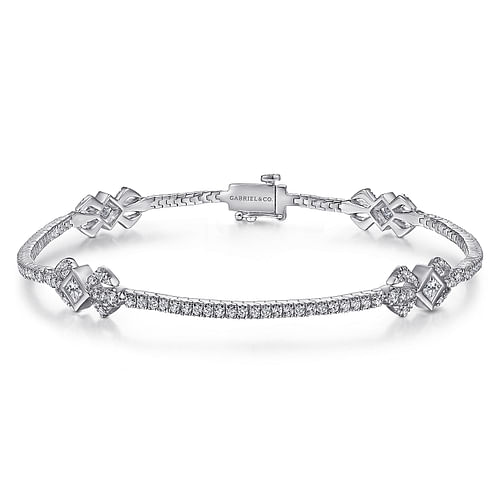 14K White Gold Diamond Tennis Bracelet with Geometric Stations