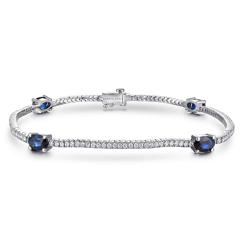 14K White Gold Diamond Tennis Bracelet with Oval Sapphire Stations