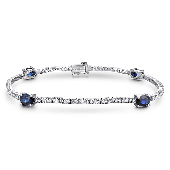 Gabriel - 14K White Gold Diamond Tennis Bracelet with Oval Sapphire Stations