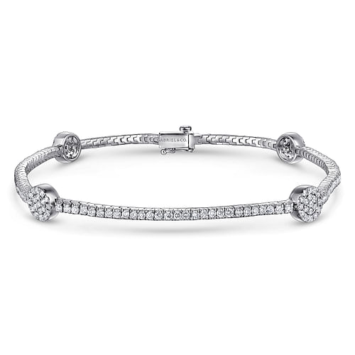 14K White Gold Diamond Tennis Bracelet with Round Cluster Stations