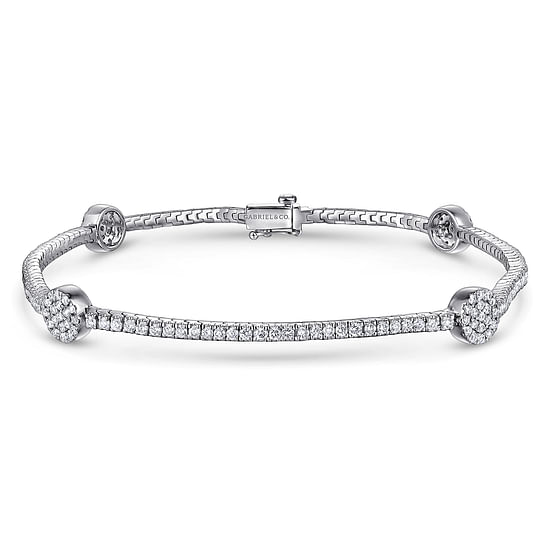 Gabriel - 14K White Gold Diamond Tennis Bracelet with Round Cluster Stations