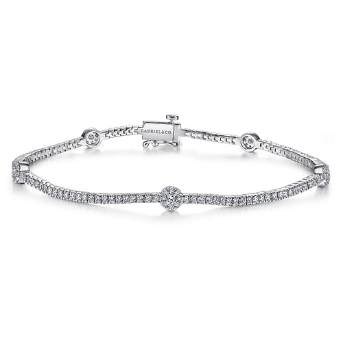 14K White Gold Diamond Tennis Bracelet with Round Cluster Stations