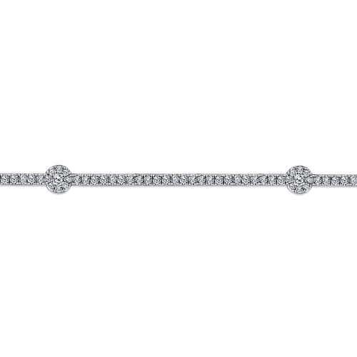 14K White Gold Diamond Tennis Bracelet with Round Cluster Stations