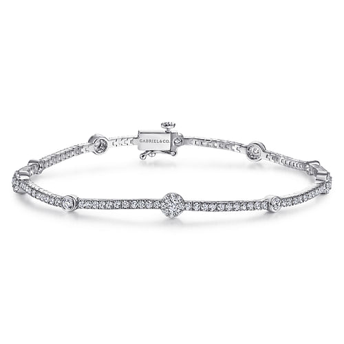 14K White Gold Diamond Tennis Bracelet with Round Cluster Stations