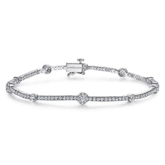 Gabriel - 14K White Gold Diamond Tennis Bracelet with Round Cluster Stations