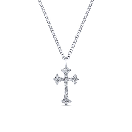 14K White Gold Diamond Trefoil Cross Necklace