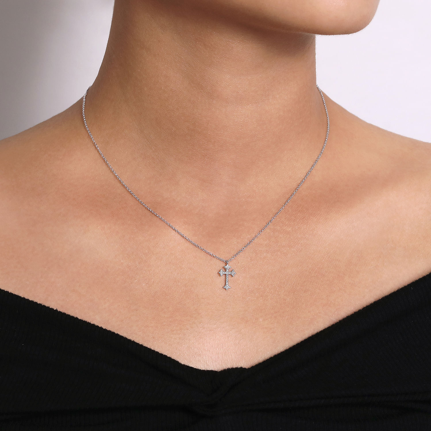 14K White Gold Diamond Trefoil Cross Necklace