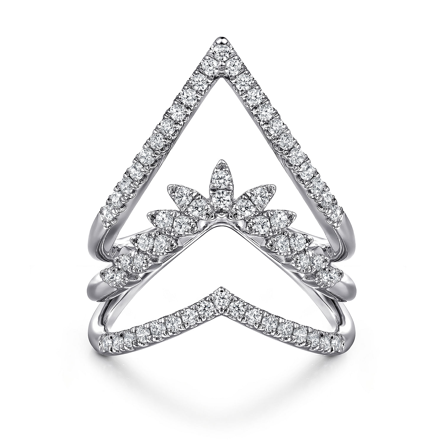 14K White Gold Diamond Triple Row Chevron Ladies Ring
