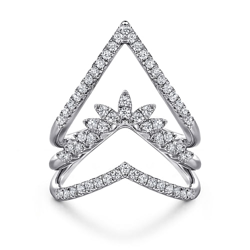 14K White Gold Diamond Triple Row Chevron Ladies Ring