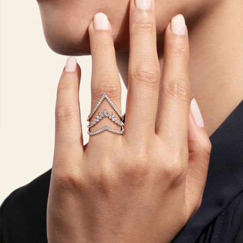 14K White Gold Diamond Triple Row Chevron Ladies Ring