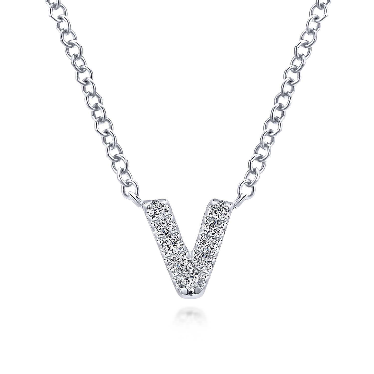 14K White Gold Diamond V Initial Pendant Necklace