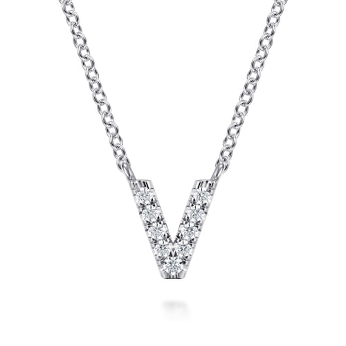 14K White Gold Diamond V Initial Pendant Necklace
