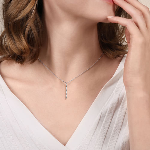 14K White Gold Diamond Vertical Bar Y Pendant Necklace