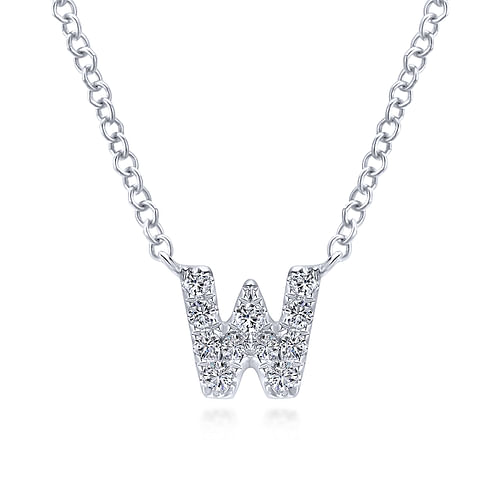 14K White Gold Diamond W Initial Pendant Necklace