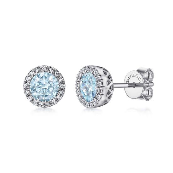 Gabriel - 14K White Gold Diamond and Aquamarine Halo Stud Earrings