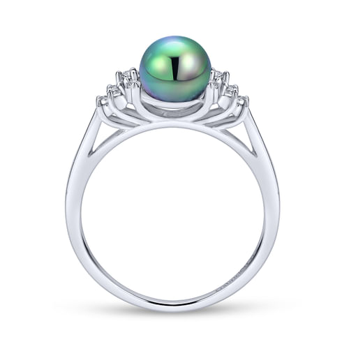 14K White Gold Diamond and Black Pearl Fashion Ladies Ring