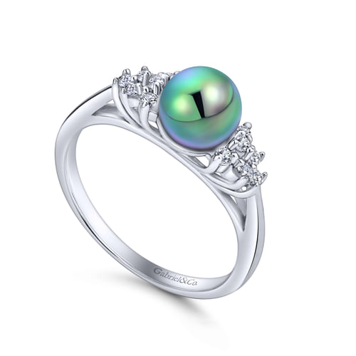 14K White Gold Diamond and Black Pearl Fashion Ladies Ring