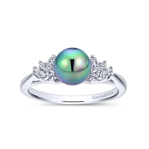 14K White Gold Diamond and Black Pearl Fashion Ladies Ring