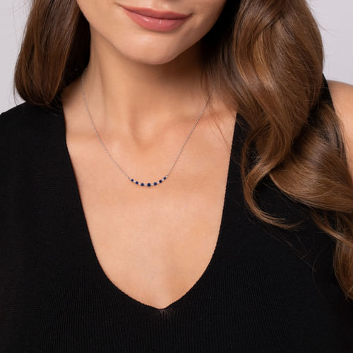 14K White Gold Diamond and Blue Sapphire Bar Necklace