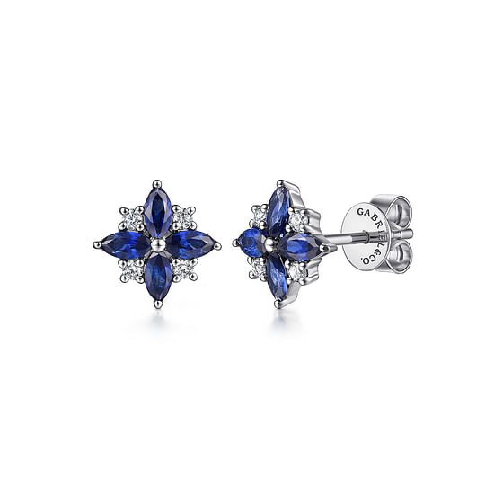 Gabriel - 14K White Gold Diamond and Blue Sapphire Bursting Star Studs