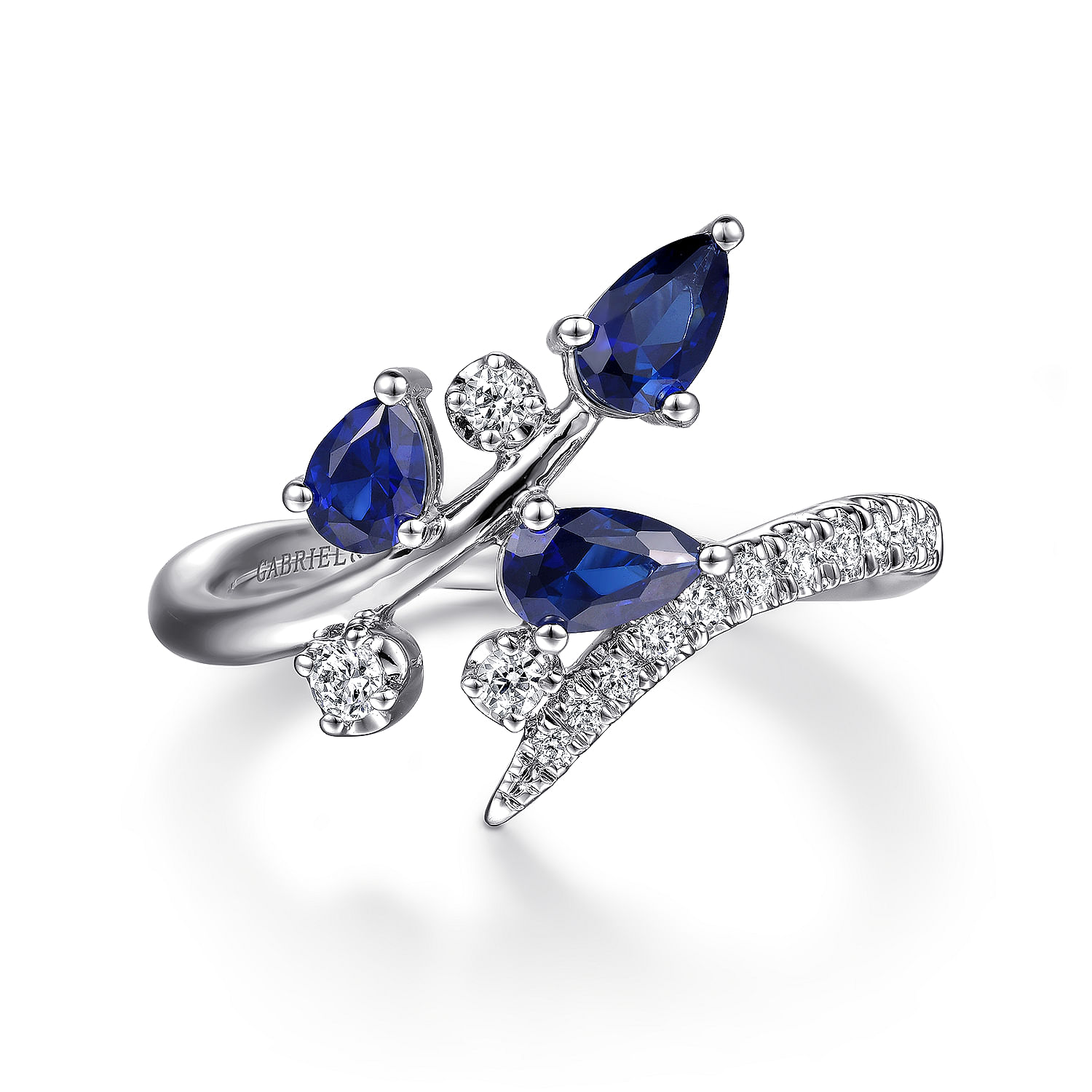 Gabriel - 14K White Gold Diamond and Blue Sapphire Bypass Floral Ring