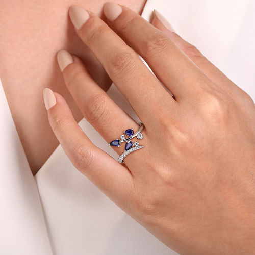 14K White Gold Diamond and Blue Sapphire Bypass Floral Ring