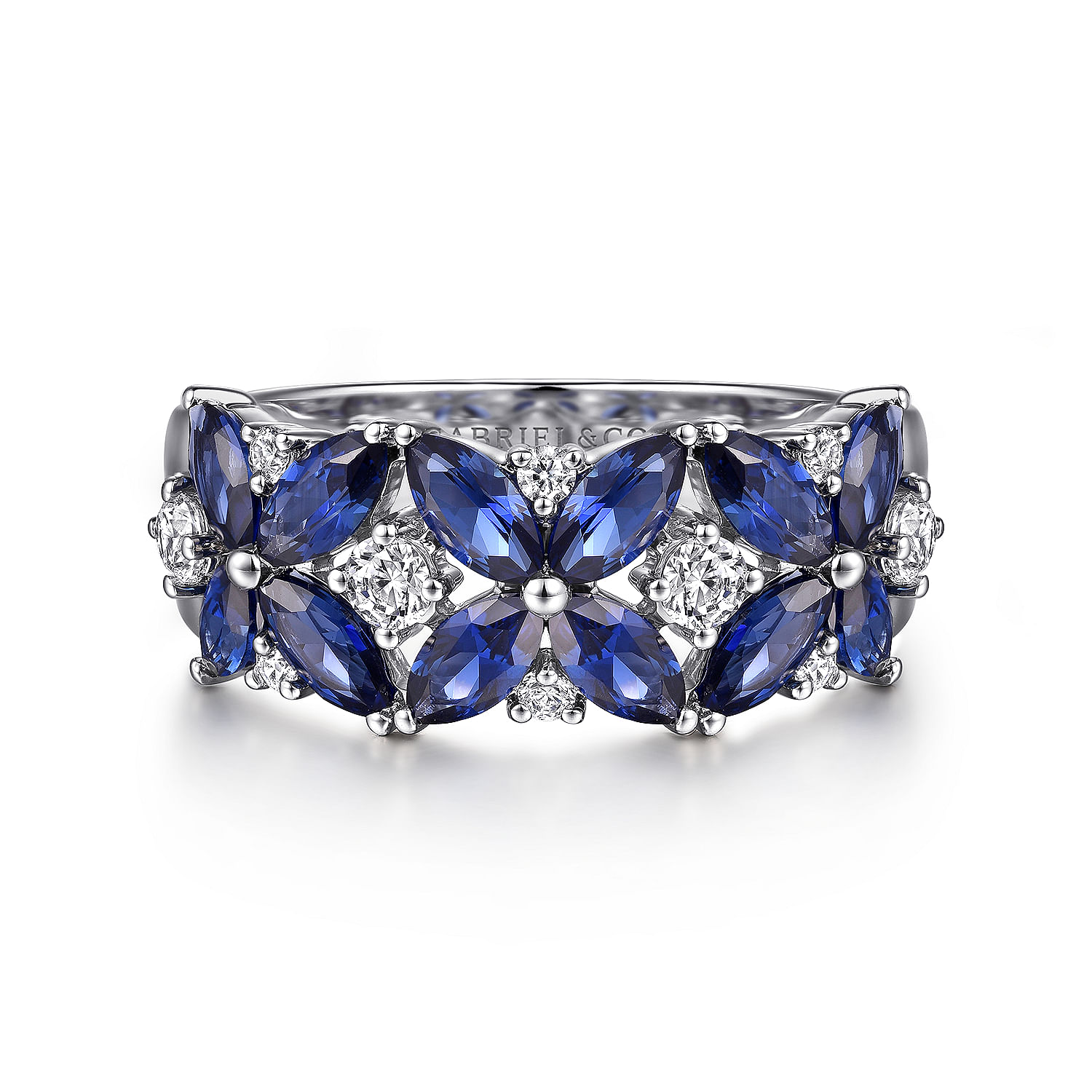 Gabriel - 14K White Gold Diamond and Blue Sapphire Floral Wide Band Ring