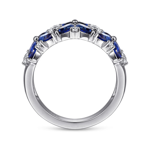 14K White Gold Diamond and Blue Sapphire Floral Wide Band Ring