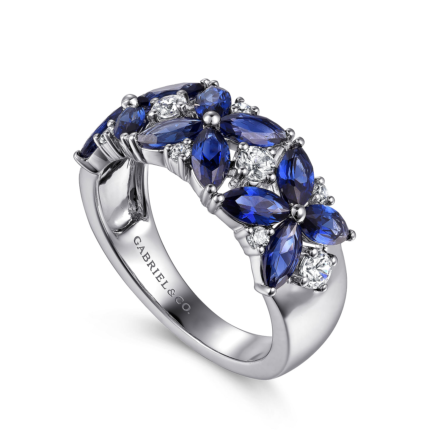14K White Gold Diamond and Blue Sapphire Floral Wide Band Ring