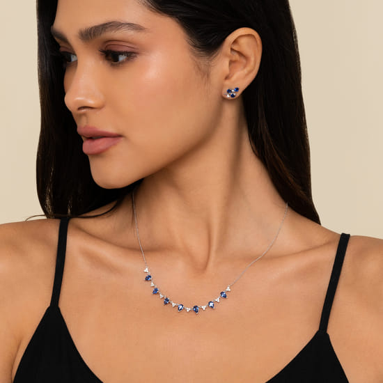 14K White Gold Diamond and Blue Sapphire Olive Branch Climber Earrings angle 3
