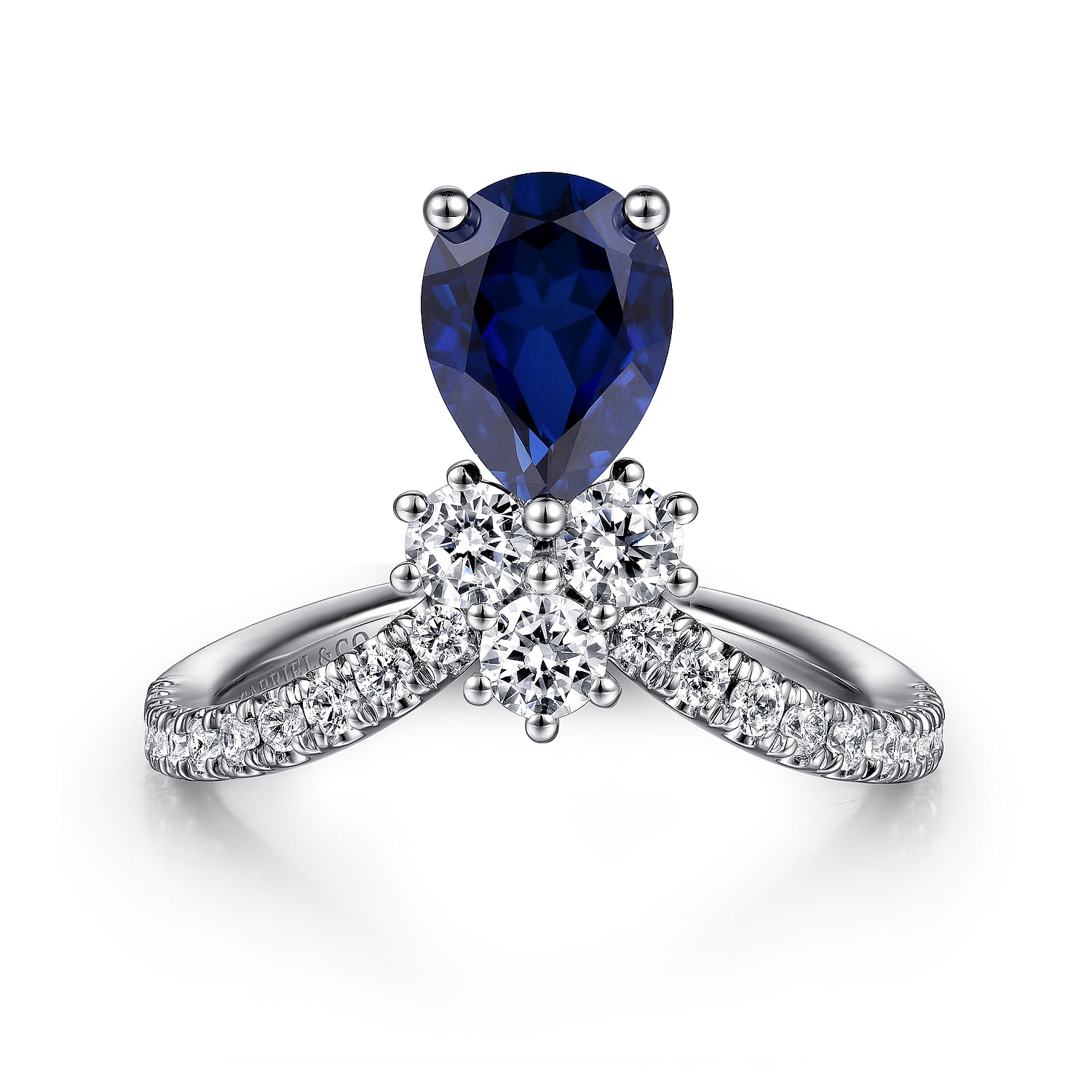 14K White Gold Diamond and Blue Sapphire Teardrop Chevron Ring