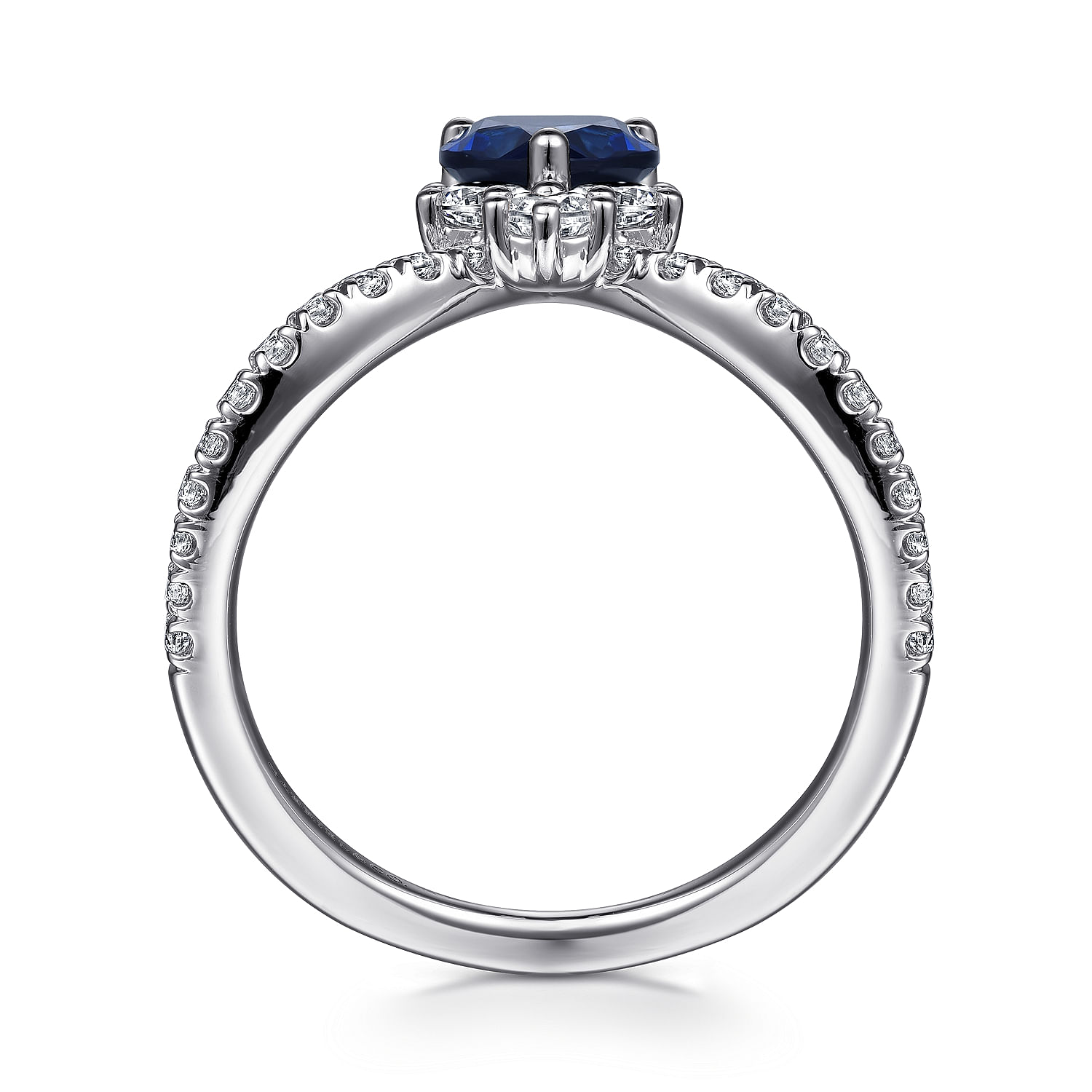 14K White Gold Diamond and Blue Sapphire Teardrop Chevron Ring