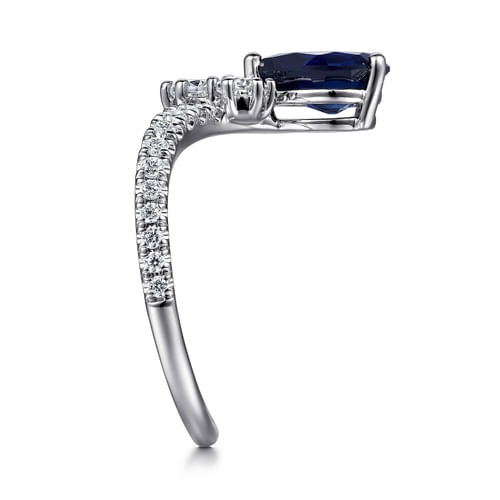 14K White Gold Diamond and Blue Sapphire Teardrop Chevron Ring