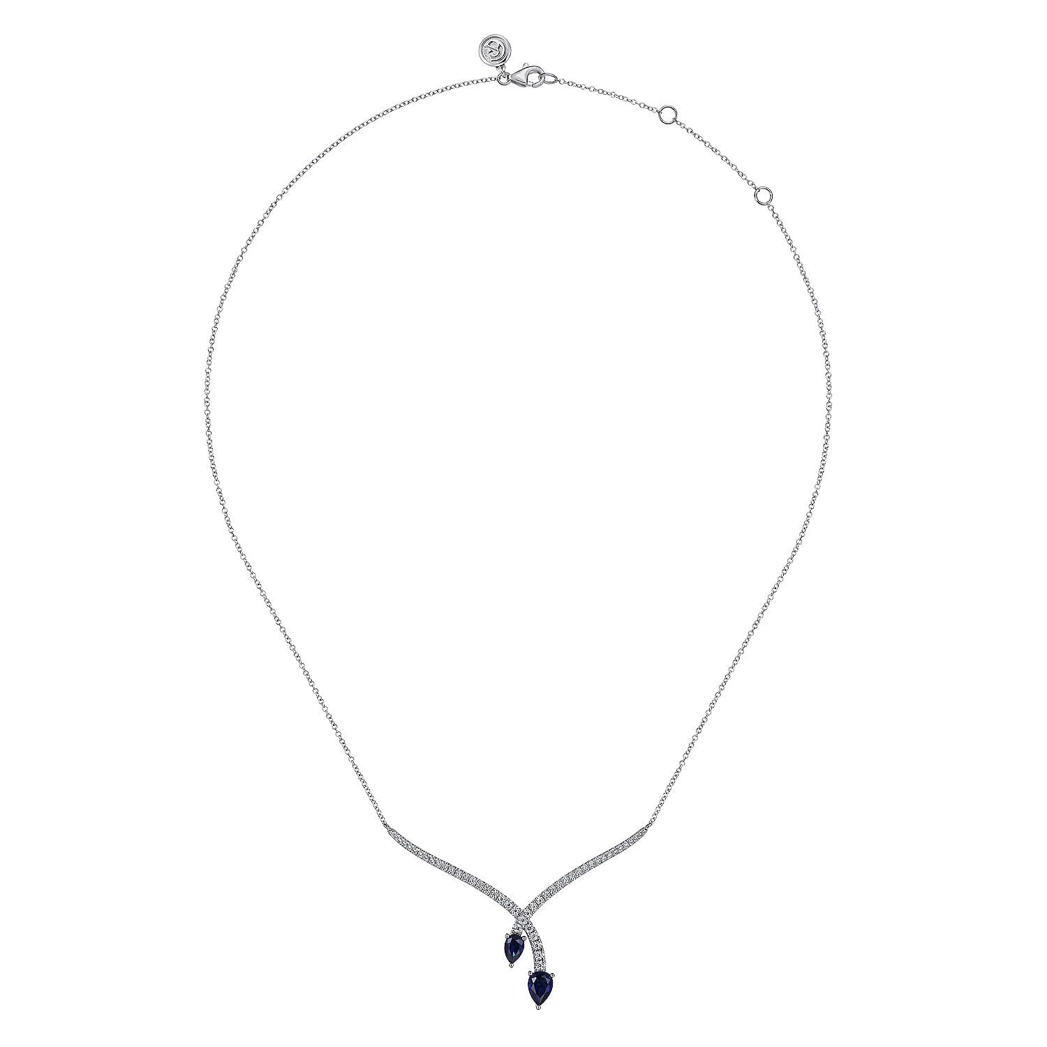 14K White Gold Diamond and Blue Sapphire Teardrop Twist Necklace