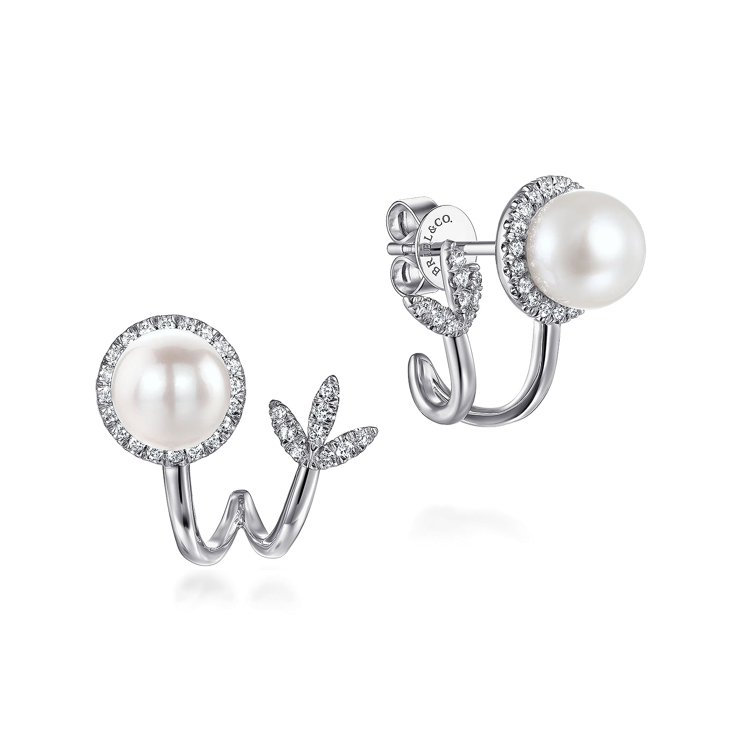 14K White Gold Diamond and Cultured Pearl J Curve Earrings