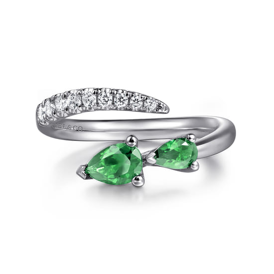 14K White Gold Diamond and Emerald Bypass Ring