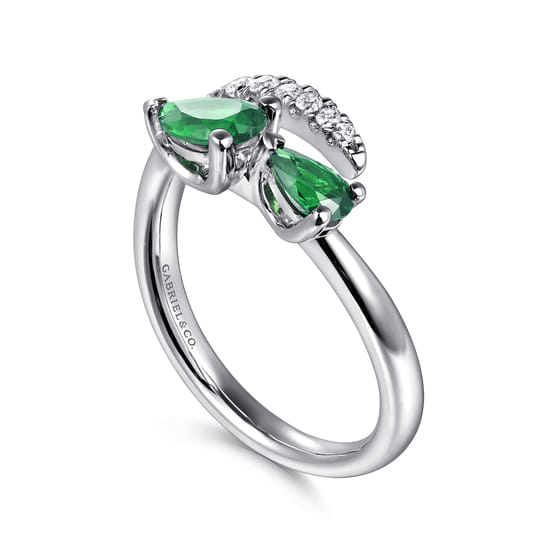 14K White Gold Diamond and Emerald Bypass Ring angle 3