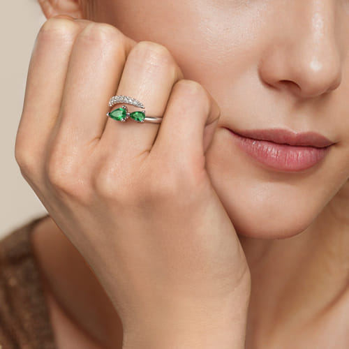14K White Gold Diamond and Emerald Bypass Ring 14K White Gold Diamond and Emerald Bypass Ring