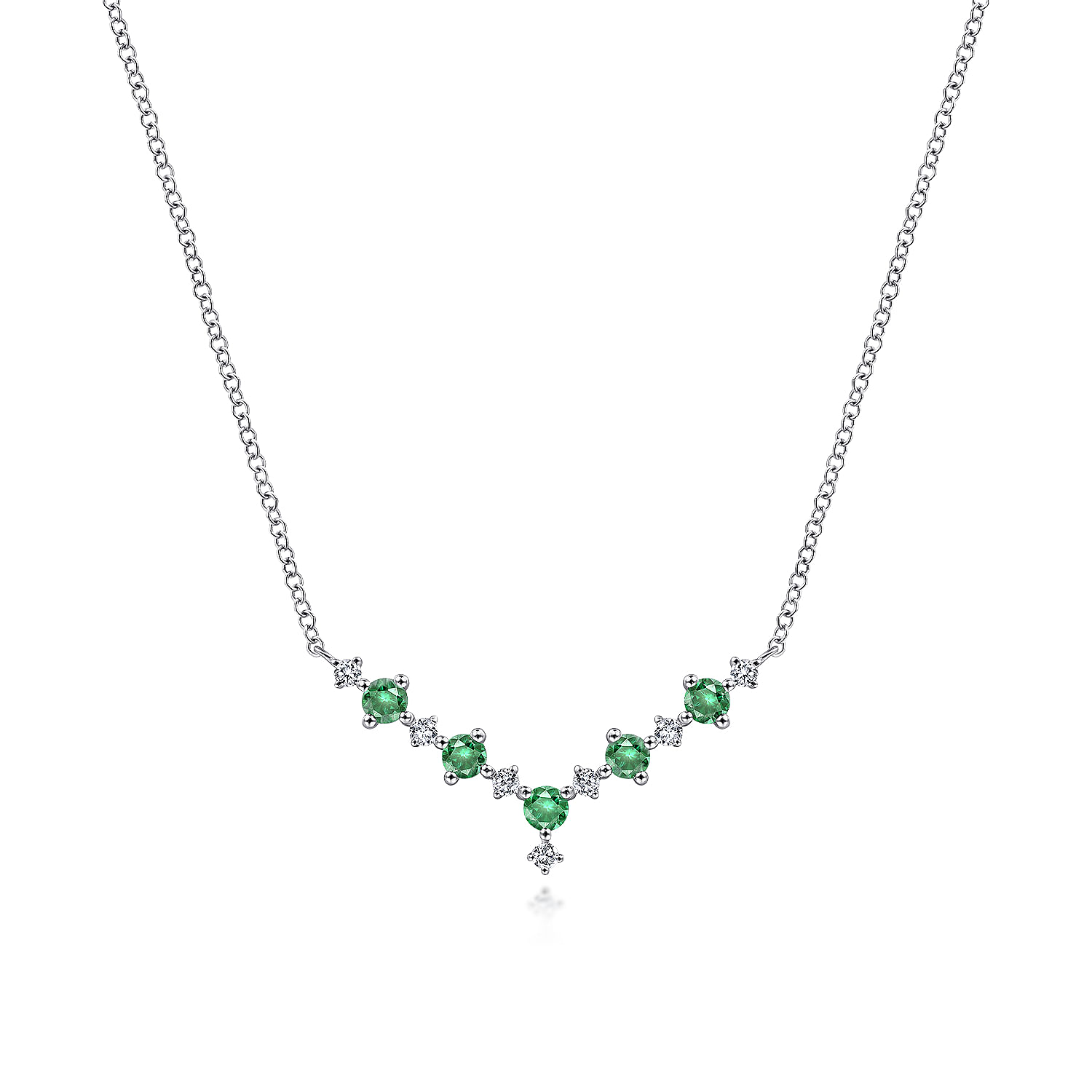14K White Gold Diamond and Emerald Curved Bar Necklace