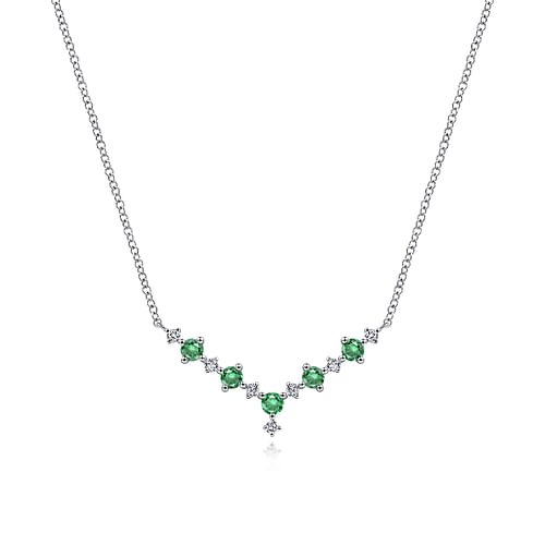 14K White Gold Diamond and Emerald Curved Bar Necklace