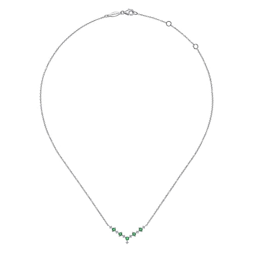 14K White Gold Diamond and Emerald Curved Bar Necklace